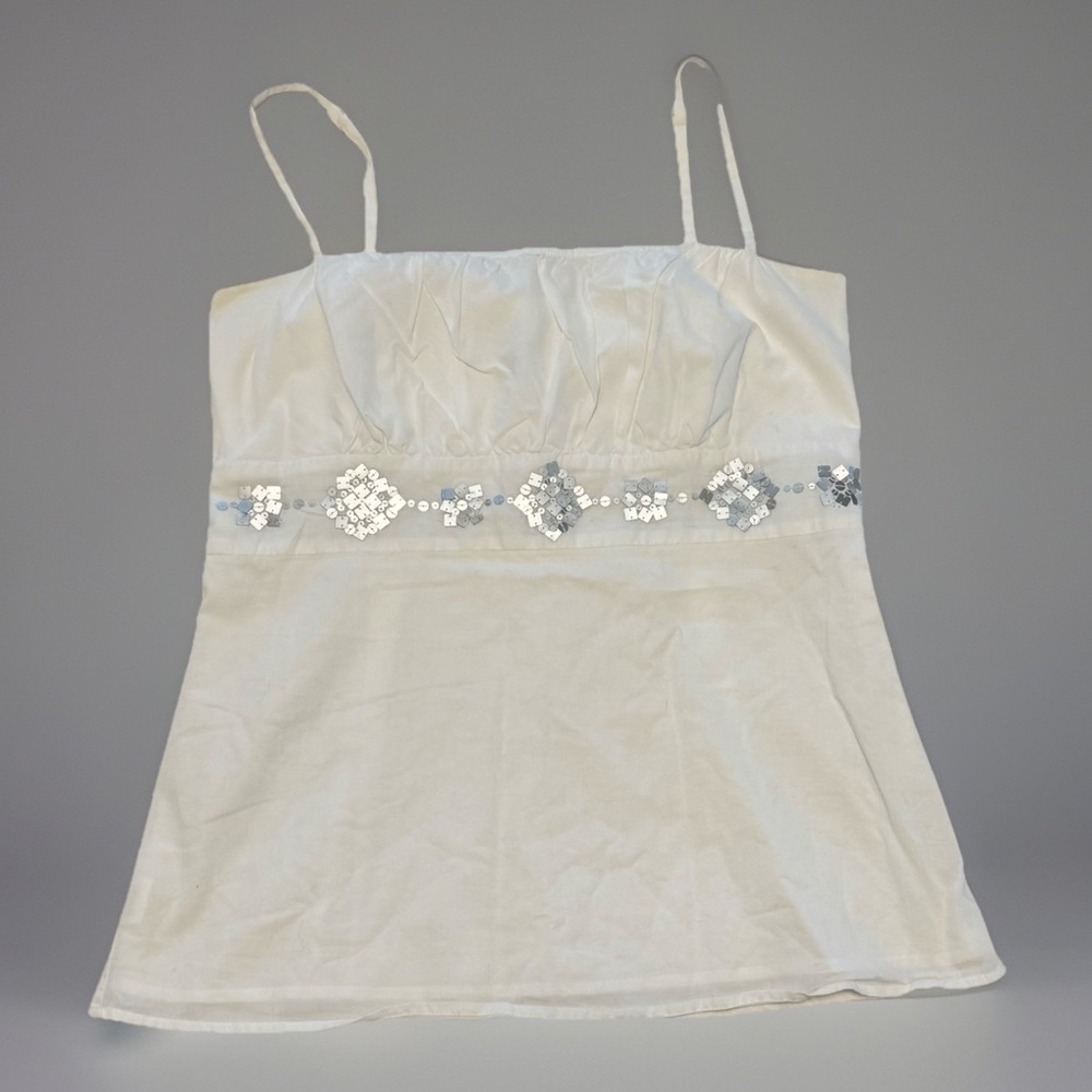 VTG Loft‎ White Babydoll Top Sz 6-Medium W/Silver Sequins Boho Cottagecore Chore